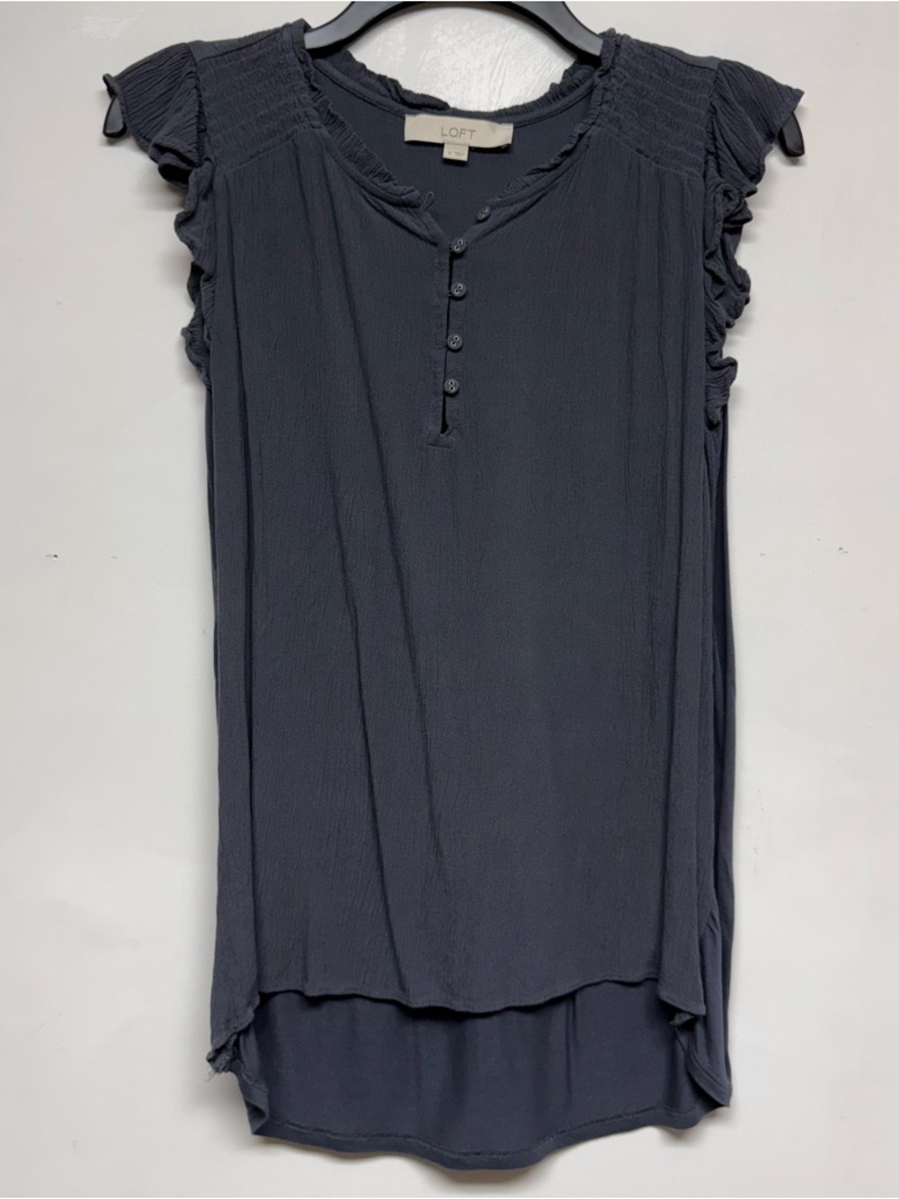 LOFT Gray Button Ruffle Neck Top - Picture 2 of 6